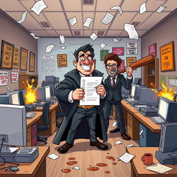 A cartoon-style chaotic office scene featuring desks overturned, computers sparking, and papers flying through the air