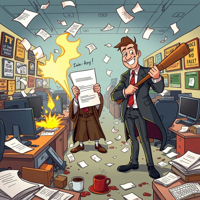 A cartoon-style chaotic office scene featuring desks overturned, computers sparking, and papers flying through the air