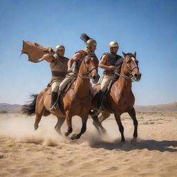 In the midst of an arid desert, under a clear blue sky, a dramatic battle unfolds between the Greek horseback riders and the Olympus mounted warriors. Tension fills the air as they charge towards each other, kicking up the sand.