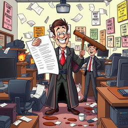 A cartoon-style chaotic office scene featuring desks overturned, computers sparking, and papers flying through the air