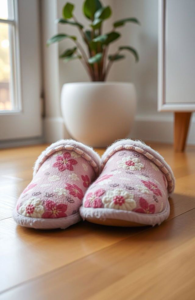 A pair of beautifully crafted, plush slippers placed on a wooden floor, the soft fabric is adorned with intricate floral patterns, showcasing a warm color palette of lavender, light pink, and cream