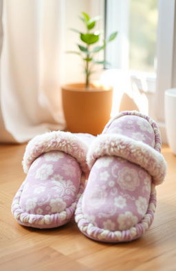 A pair of beautifully crafted, plush slippers placed on a wooden floor, the soft fabric is adorned with intricate floral patterns, showcasing a warm color palette of lavender, light pink, and cream