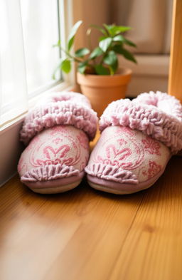 A pair of beautifully crafted, plush slippers placed on a wooden floor, the soft fabric is adorned with intricate floral patterns, showcasing a warm color palette of lavender, light pink, and cream