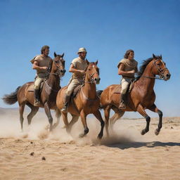 In the midst of an arid desert, under a clear blue sky, a dramatic battle unfolds between the Greek horseback riders and the Olympus mounted warriors. Tension fills the air as they charge towards each other, kicking up the sand.