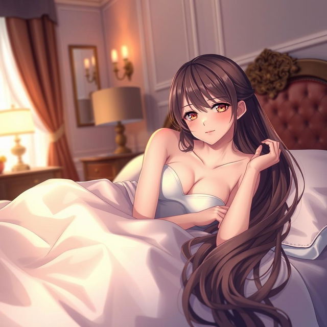 A beautiful anime girl with long flowing hair lying on a luxurious bed