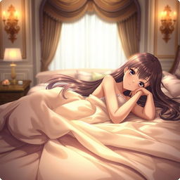A beautiful anime girl with long flowing hair lying on a luxurious bed