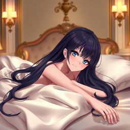 A beautiful anime girl with long flowing hair lying on a luxurious bed