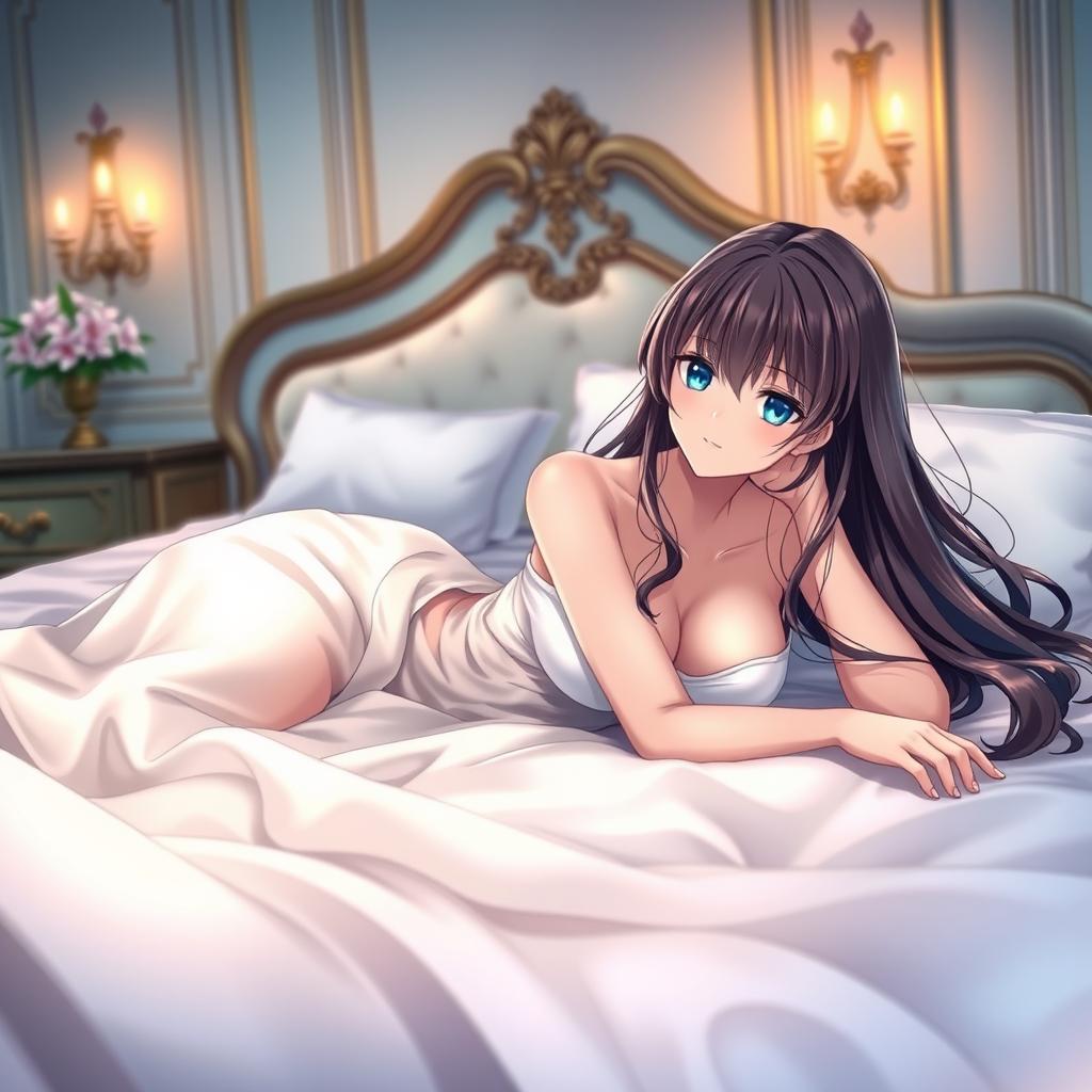 A beautiful anime girl with long flowing hair lying on a luxurious bed