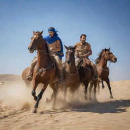 In the midst of an arid desert, under a clear blue sky, a dramatic battle unfolds between the Greek horseback riders and the Olympus mounted warriors. Tension fills the air as they charge towards each other, kicking up the sand.