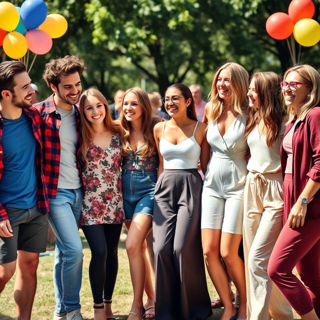 A vibrant social scene featuring eight companions in total: two males and six females, all engaging cheerfully in a lively gathering