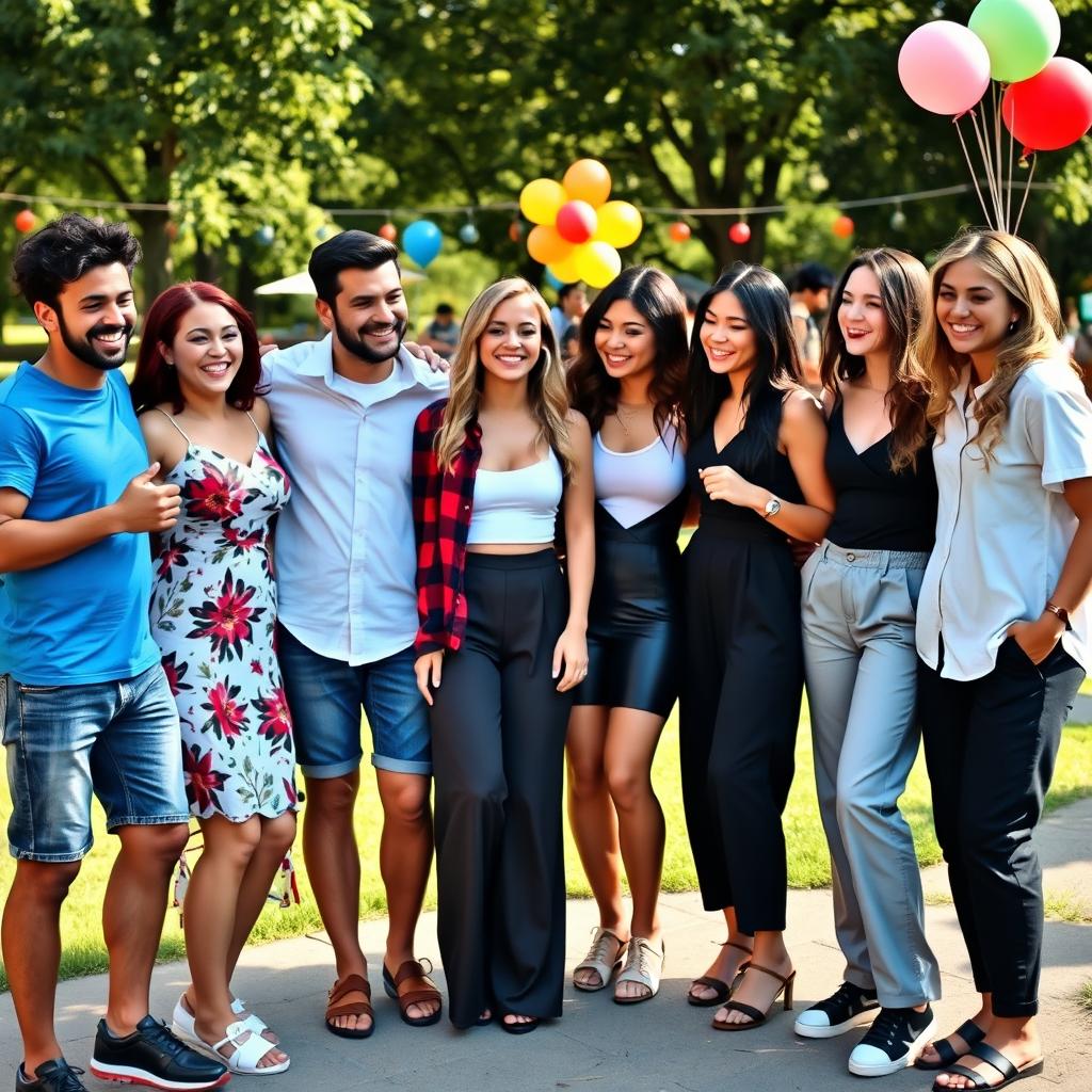 A vibrant social scene featuring eight companions in total: two males and six females, all engaging cheerfully in a lively gathering