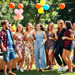 A vibrant social scene featuring eight companions in total: two males and six females, all engaging cheerfully in a lively gathering