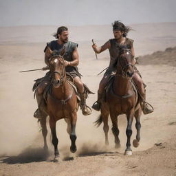 In the midst of an arid desert, a dramatic battle concludes with the Greek horseback riders tragically fallen, pierced by arrows. The battleground is a solemn sight, filled with the silent echoes of the fierce confrontation.