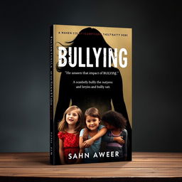 A book cover design about bullying, featuring a shadowy figure of a woman in the background, symbolizing the unseen impact of bullying