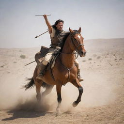 In the midst of an arid desert, a dramatic battle concludes with the Greek horseback riders tragically fallen, pierced by arrows. The battleground is a solemn sight, filled with the silent echoes of the fierce confrontation.