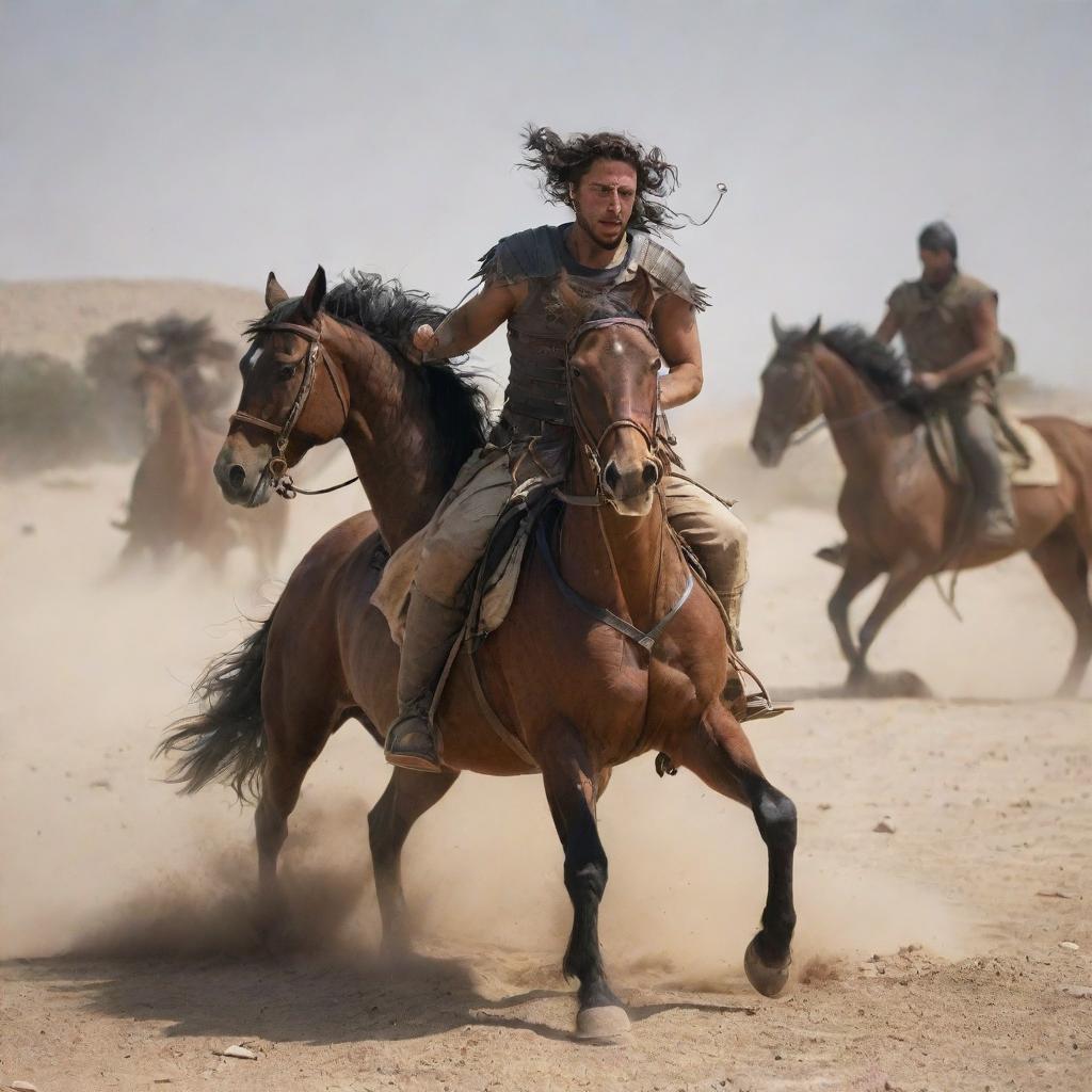 In the midst of an arid desert, a dramatic battle concludes with the Greek horseback riders tragically fallen, pierced by arrows. The battleground is a solemn sight, filled with the silent echoes of the fierce confrontation.