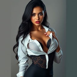 A captivating female character named Lívia, around 23 years old, exuding extreme attractiveness and allure