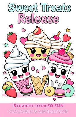 Create a front cover design for a coloring book titled 'Sweet Treats Release: Straight to Fun Coloring Adventure!' featuring a group of adorable, cartoon-style dessert characters