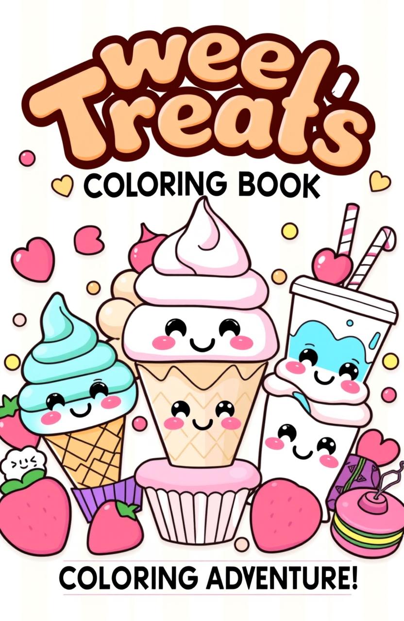 Create a front cover design for a coloring book titled 'Sweet Treats Release: Straight to Fun Coloring Adventure!' featuring a group of adorable, cartoon-style dessert characters