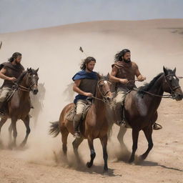 In the midst of an arid desert, a dramatic battle concludes with the Greek horseback riders tragically fallen, pierced by arrows. The battleground is a solemn sight, filled with the silent echoes of the fierce confrontation.