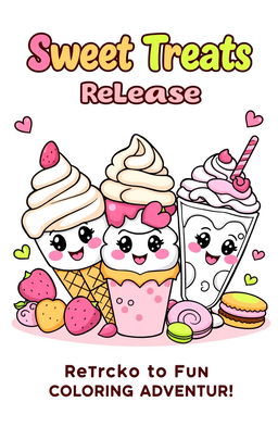 Create a front cover design for a coloring book titled 'Sweet Treats Release: Straight to Fun Coloring Adventure!' featuring a group of adorable, cartoon-style dessert characters
