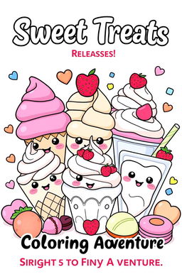 Create a front cover design for a coloring book titled 'Sweet Treats Release: Straight to Fun Coloring Adventure!' featuring a group of adorable, cartoon-style dessert characters
