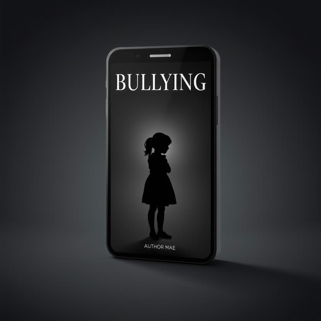 A book cover design depicting the theme of bullying, featuring a shadow representation cast by a smartphone screen