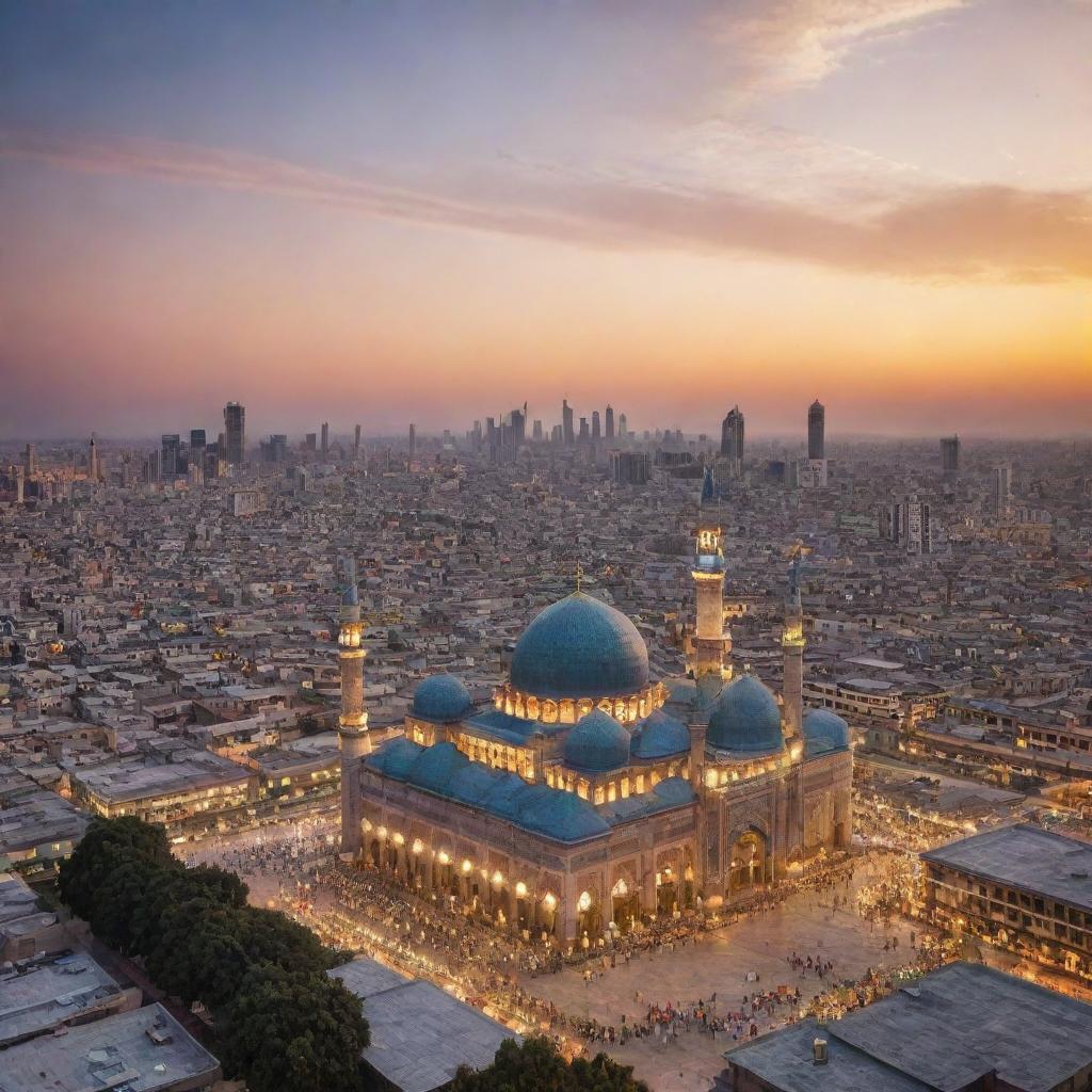 A vibrant, bustling cityscape with towering skyscrapers under a sunset sky, prominently featuring a beautiful, architecturally intricate mosque in the foreground.