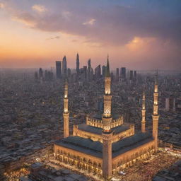 A vibrant, bustling cityscape with towering skyscrapers under a sunset sky, prominently featuring a beautiful, architecturally intricate mosque in the foreground.