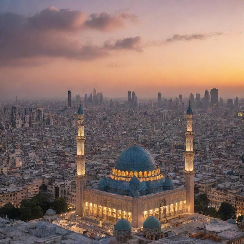 A vibrant, bustling cityscape with towering skyscrapers under a sunset sky, prominently featuring a beautiful, architecturally intricate mosque in the foreground.