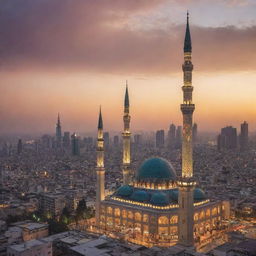 A vibrant, bustling cityscape with towering skyscrapers under a sunset sky, prominently featuring a beautiful, architecturally intricate mosque in the foreground.