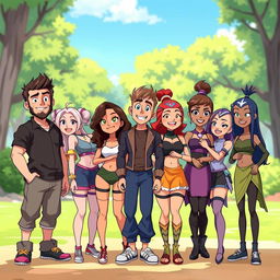 An animated scene featuring a diverse group of 8 companions: 2 males and 6 females