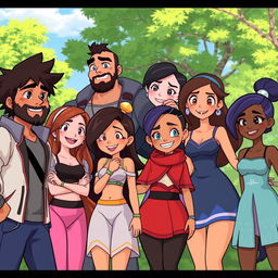 An animated scene featuring a diverse group of 8 companions: 2 males and 6 females