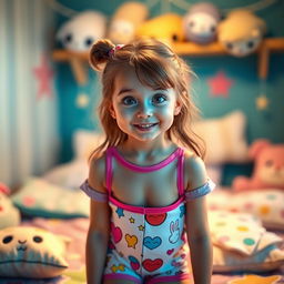 A cute girl wearing short and sexy pajamas, featuring a playful and colorful cartoon design