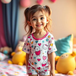 A cute girl wearing short and sexy pajamas, featuring a playful and colorful cartoon design