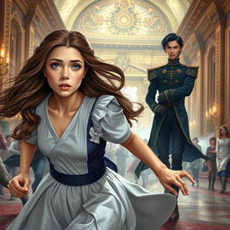 A scene depicting a palace maid, around 18 years old, with flowing brown hair and striking silver eyes, running urgently towards a magnificent palace where chaos is unfolding