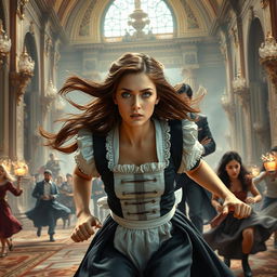 A scene depicting a palace maid, around 18 years old, with flowing brown hair and striking silver eyes, running urgently towards a magnificent palace where chaos is unfolding