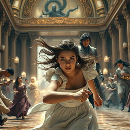 A scene depicting a palace maid, around 18 years old, with flowing brown hair and striking silver eyes, running urgently towards a magnificent palace where chaos is unfolding
