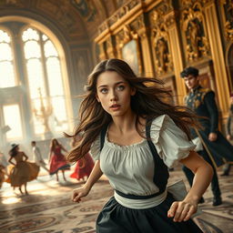 A scene depicting a palace maid, around 18 years old, with flowing brown hair and striking silver eyes, running urgently towards a magnificent palace where chaos is unfolding