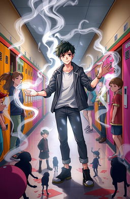 A scene depicting a high school setting where a teenage boy named Hasan, a transfer student, is exhibiting his necromancer powers