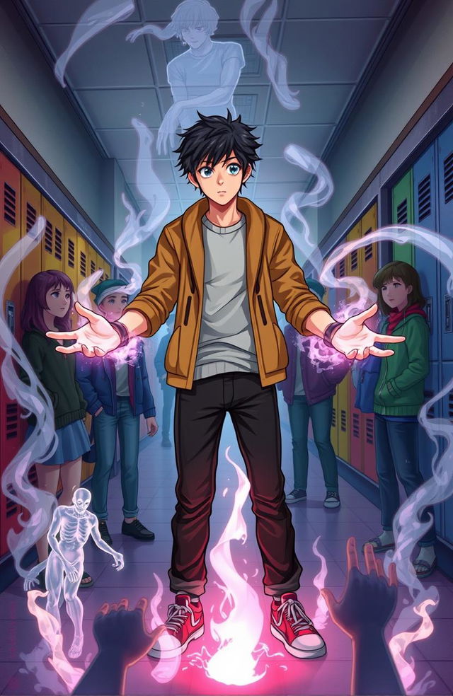 A scene depicting a high school setting where a teenage boy named Hasan, a transfer student, is exhibiting his necromancer powers