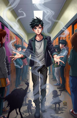 A scene depicting a high school setting where a teenage boy named Hasan, a transfer student, is exhibiting his necromancer powers