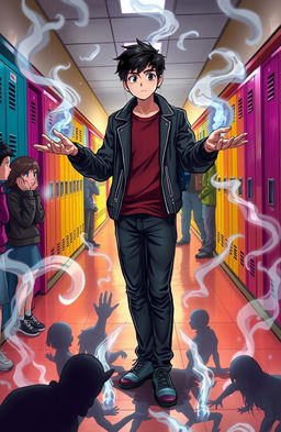 A scene depicting a high school setting where a teenage boy named Hasan, a transfer student, is exhibiting his necromancer powers