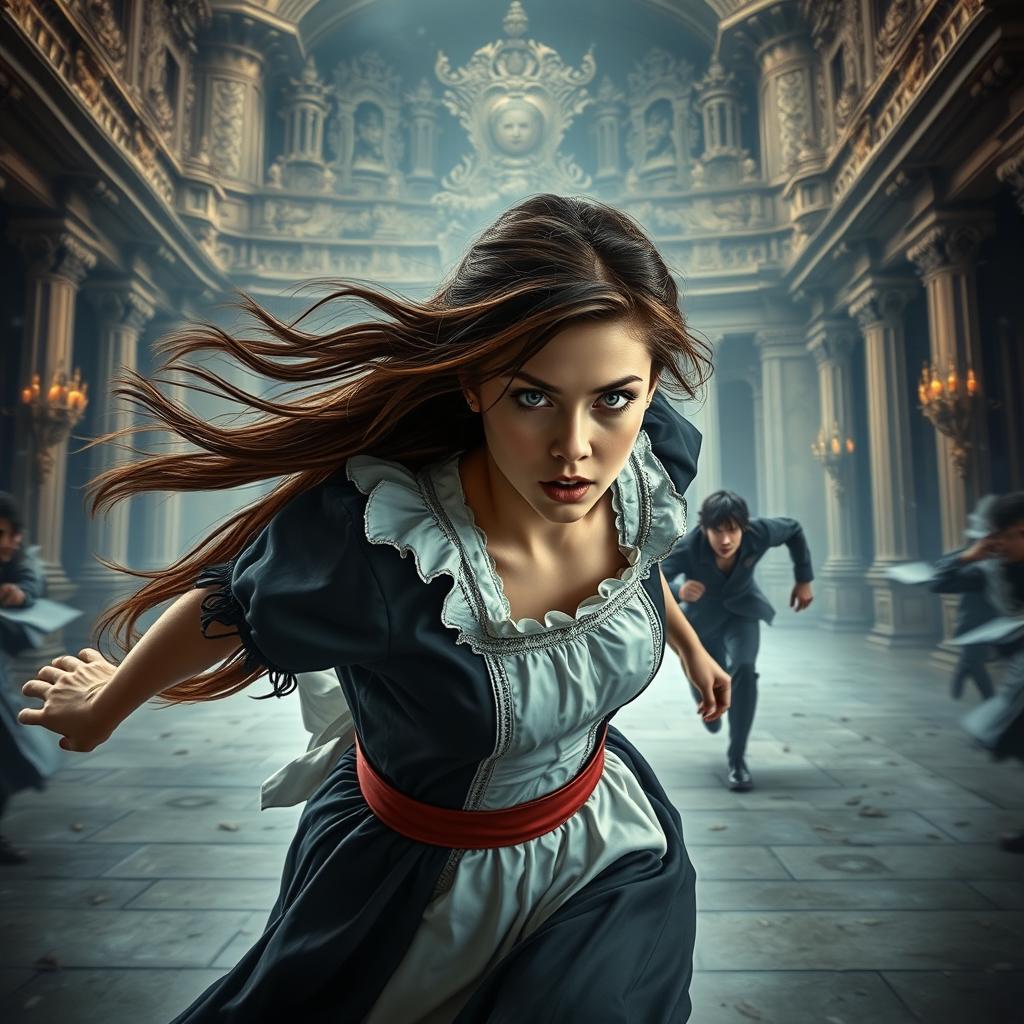 A scene depicting a palace maid, around 18 years old, with flowing brown hair and striking silver eyes, frantically running towards a grand palace engulfed in chaos