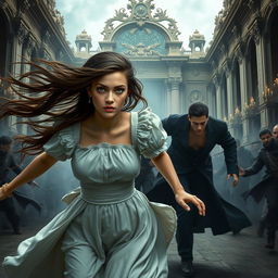 A scene depicting a palace maid, around 18 years old, with flowing brown hair and striking silver eyes, frantically running towards a grand palace engulfed in chaos
