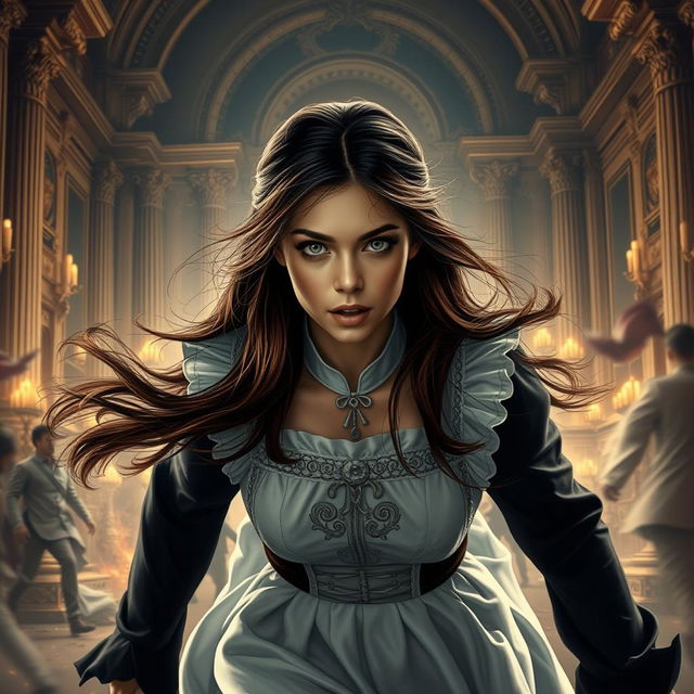 A scene depicting a palace maid, around 18 years old, with flowing brown hair and striking silver eyes, frantically running towards a grand palace engulfed in chaos