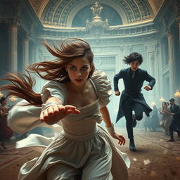 A scene depicting a palace maid, around 18 years old, with flowing brown hair and striking silver eyes, frantically running towards a grand palace engulfed in chaos