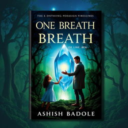 A captivating book cover for 'One Breath' by Ashish Badole, showcasing a magical twilight scene where the title glows enchanting above an ancient, dense forest