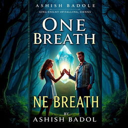 A captivating book cover for 'One Breath' by Ashish Badole, showcasing a magical twilight scene where the title glows enchanting above an ancient, dense forest