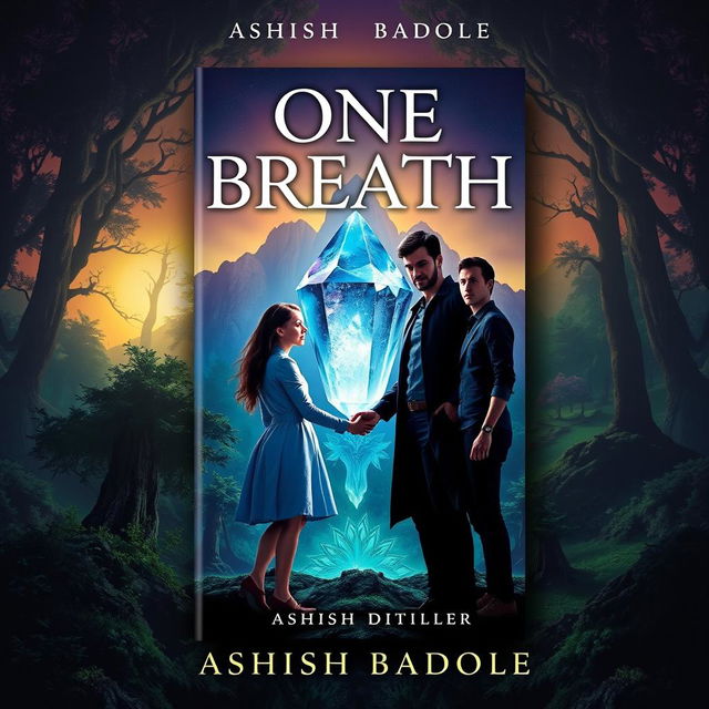 A captivating book cover for 'One Breath' by Ashish Badole, showcasing a magical twilight scene where the title glows enchanting above an ancient, dense forest